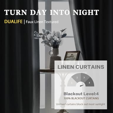 DUALIFE 90 Inches Long Blackout Linen Curtains Grey,Full Shade Light Blocking Sun Heat Saving Energy Efficient Drapes for Bedroom,Back Tab/Hook Belt/Rod Pocket,2 Pcs,50 Inch Wide x 90 Inch Length - Image 3