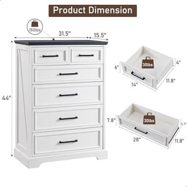 ACCOHOHO 6 Drawer Dresser, Farmhouse Chest of Drawers for Bedroom, 44" Tall Dresser with Large Metal Handles, Wood Drawer Organizer for Living Room, Hallway, Closet - White - Image 2