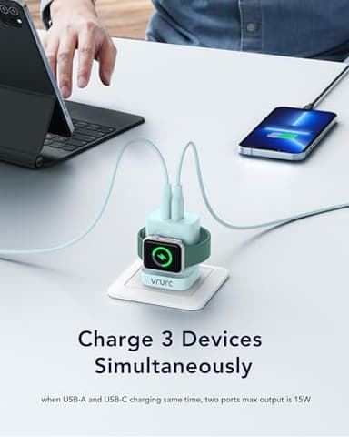 VRURC for Apple Watch Charger, Wireless Magnetic Portable iWatch Charger, PD 20W 3-in-1 Travel Essentials Fast Charging Block for iWatch Ultra/SE/10/9/8/7/6/5/4,iPhone 17/16/15/14/13 etc-Green - Image 5