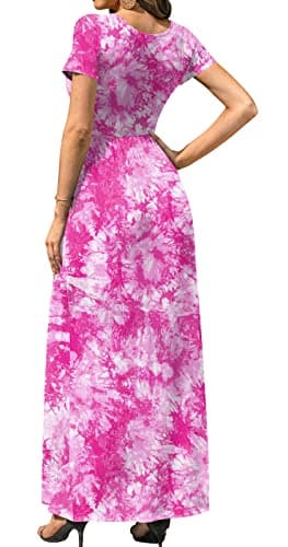 DB MOON Womens 2025 Casual Summer Maxi Dresses Short Sleeve Empire Waist Spring Long Dress with Pockets(Pink Tie Dye, M) - Image 3