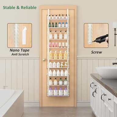 Churboro Over the Door Pantry Organizer Rack with 9 Adjustable Baskets, 9 Tiers Dual-use Hanging or Wall Mount Spice Rack Organizer, White - Image 5