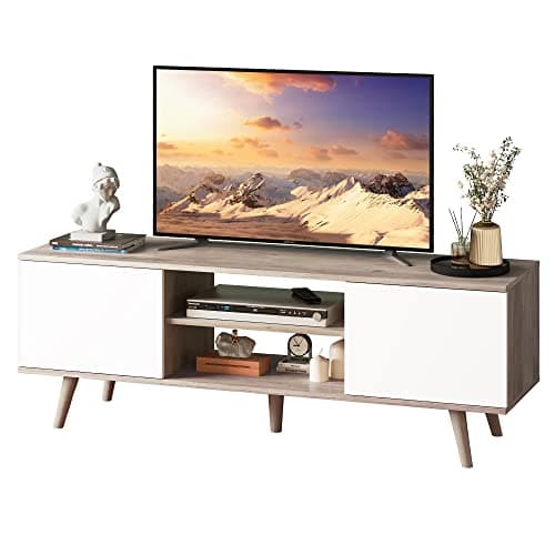 WLIVE TV Stand for 55 60 inch TV, Boho Entertainment Center with Storage Cabinets, TV Console for Living Room Decor, Greige White - Image 1