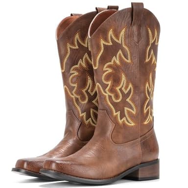 IUV Cowboy Boots For Women Square Toe Cowgirl Boots Mid Calf Western Boots Pull On Fashion Cowboy Boots - Image 2