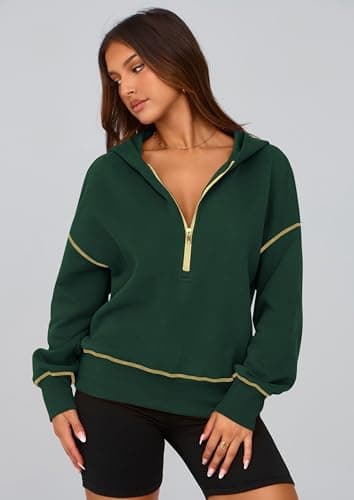 PRETTYGARDEN Women's 2025 Fall Hooded Sweatshirts Long Sleeve Half Zip Cropped Hoodies Pullover Winter Fashion Clothes (Dark Green,X-Large) - Image 7