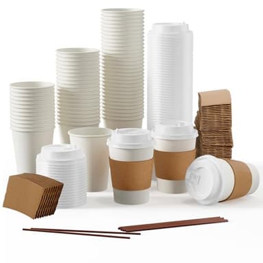 [100 Pack] 12 oz Paper Coffee Cups, Disposable Paper Coffee Cup with Lids, Sleeves, and Stirrers, Hot/Cold Beverage Drinking Cup for Water, Juice or Tea, Suitable for Home, Shops and Cafes - Image 1