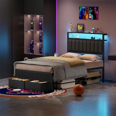 Furnulem Full Size Bed Frame with Charging Station and LED Lights, Grey Upholstered Headboard with Shelves, Metal Platform Bed with 2 Under-Bed Storage (Fabric Drawer on Wheels), No Box Spring Needed - Image 4