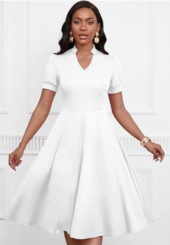 MarryUP White Dress Women Vintage Puff Sleeve V Neck Casual Semi-Formal Cocktail Party A-Line Swing Church Dress White 2XL - Image 5