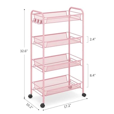 TOOLF 4 Tier Rolling Utility Cart - Durable Metal Design Pink Utility Cart, Storage Trolley on Wheels with 3 Hooks, Perfect for Kitchen, Bathroom & Laundry Room Organization - Image 9