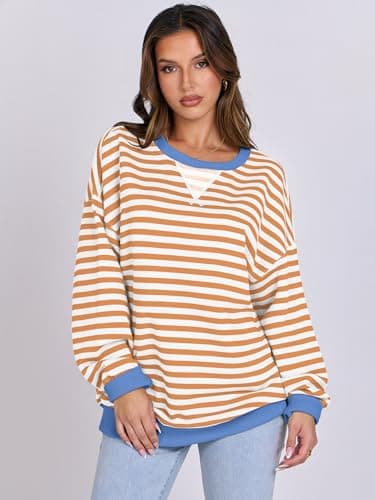 ANRABESS Women Striped Sweatshirts Oversized Crewneck Long Sleeve Shirts Y2K Pullover Top 2025 Fall Outfits Fashion Clothes Yellow White Large - Image 2