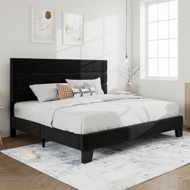 SHA CERLIN King Platform Bed Frame with Velvet Upholstered Headboard, Mattress Foundation with Strong Wooden Slats Support, No Box Spring Needed, Black - Image 3