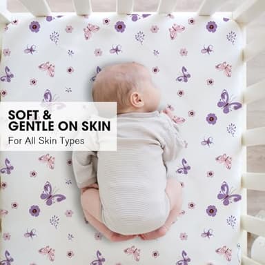Little Grape Land Pack and Play Sheets Mini Crib Sheets Soft Breathable Pack N Play Sheets, Playard Fitted Sheet 2 Pack Stretchy Fits 38"x26" Playard Mattress, Purple Butterfly - Image 2