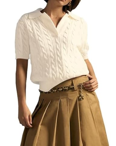 Imily Bela Women's Cable Short Sleeve Sweaters Tops Solid Lapel V Neck Knit Casual Soft Pullover Shirt Beige - Image 2