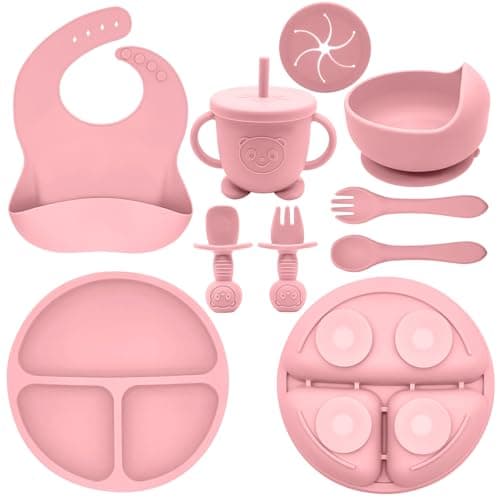 Munlinder Silicone Baby Feeding Set | Baby Led Weaning Supplies Includes Suction Bowls and Divided Plates, Adjustable Bib, Baby Utensils Spoons and Forks,Cup | Baby Feeding Essentials (Pink) - Image 1
