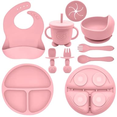 Munlinder Silicone Baby Feeding Set | Baby Led Weaning Supplies Includes Suction Bowls and Divided Plates, Adjustable Bib, Baby Utensils Spoons and Forks,Cup | Baby Feeding Essentials (Pink) - Image 1