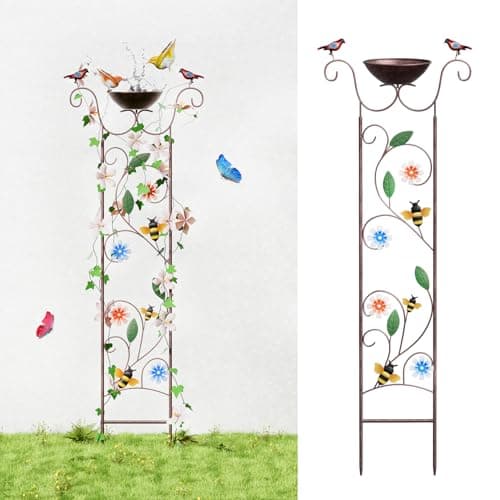 Glirops Bird Bath for Outside - Antique Iron Bird Bath with Trellis,Detachable Decorative Hummingbird Bowl,Metal Plant Support for Climbing Flowers,Elegant Outdoor Garden Feature (Honeybee) - Image 1