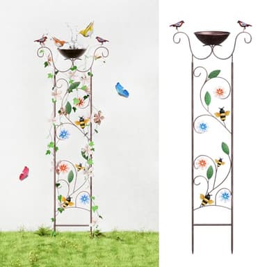 Glirops Bird Bath for Outside - Antique Iron Bird Bath with Trellis,Detachable Decorative Hummingbird Bowl,Metal Plant Support for Climbing Flowers,Elegant Outdoor Garden Feature (Honeybee) - Image 1