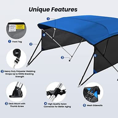 KAKIT 3 4 Bow Bimini Tops with Mesh Sidewalls Support Poles for Boats Marine Grade Canvas Top Includes 2 Straps Storage Boot 1 Inch Aluminum Frame - Image 6