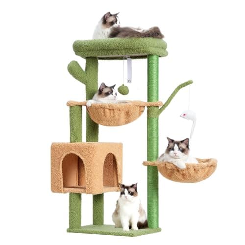 Heybly Cat Tree, 39.4 Inches Cactus Tower Condo with Scratching Post, Cat Tower for Indoor Cats, Fully Wrapped Sisal Pole, Soft Platform, 2 Baskets and Dangling Toy, Green and Yellow HCT006SGY - Image 1