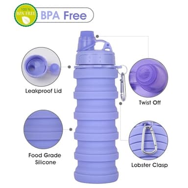 MAKERSLAND Collapsible Water Bottle for Adults, Boys, Students, Kids, Reusable Silicone Foldable Water Bottles for Travel Camping Hiking, Portable Sports Water Bottle, Purple - Image 3