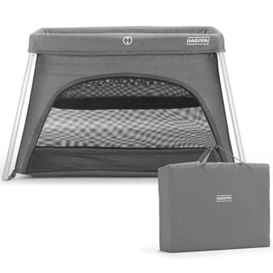 HARPPA Travel Crib with Comfy Mattress, Lightweight Portable Crib Requires No Assembly, Foldable Pack and Play for Baby and Toddlers, Compact Play Yard with Bed,Gray - Image 1