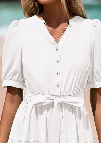 PRETTYGARDEN Summer Dresses for Women 2025 Elegant Classy Short Sleeve V Neck Ruffle A Line Belted Long Beach Vacation Dress (White,Small) - Image 5