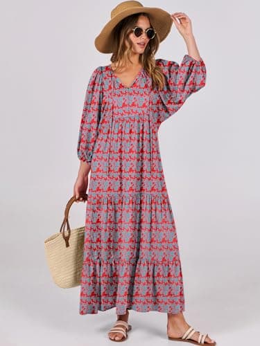 ANRABESS Womens Boho Maxi Dresses 2025 Summer V Neck Puff Sleeve Floral Flowy Swing Fall Casual Long Dress Red Blue Small - Image 2