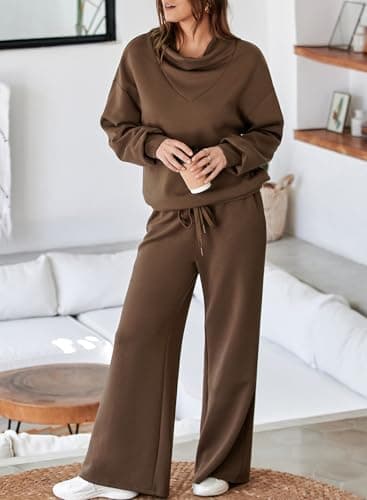 Aleumdr Womens 2 Piece Outfits Sweatsuit Set 2025 Fall Drawstring Sweatshirt Wide Leg Sweatpant Lounge Set Tracksuit Brown Large - Image 3