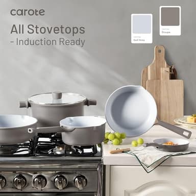 CAROTE Ceramic Cookware Set 12 Piece, Healthy & PFOA/PFAS Free, Nonstick Pots and Pans Set, Induction-Compatible, Taupe - Image 5