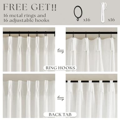 Beige White Linen Curtains 108 Inches Long 2 Panels Set for Living Room Neutral Boho Thick Linen Textured Pinch Pleated Memory Shape Light Filtering Ceiling Semi Sheer Window Curtain Hook Rings Ivory - Image 5