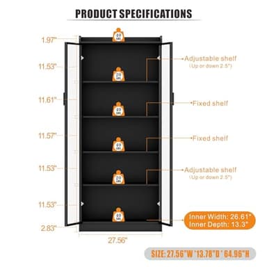 Display Cabinet with Doors and Adjustable Shelves, 65" Tall Bookcase with LED Lights/Human Sensor, 5 Tier Display Case for Collectibles Bedroom Living Room Office, Black - Image 2