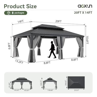 Aoxun 14' X 20' Hardtop Gazebo with Drainage System, Aluminum Outdoor Gazebo with Galvanized Steel Double Roof, Patio Permanent Metal Pavilion with Netting, for Garden, Deck, Grey - Image 8