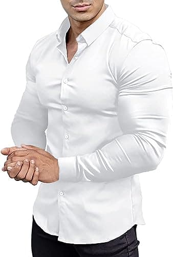 EOUOSS Men’s Muscle Fit Dress Shirts Athletic Slim Fit Long Sleeve Stretch Wrinkle-Free Casual Button Down Shirt White X-Small - Image 1