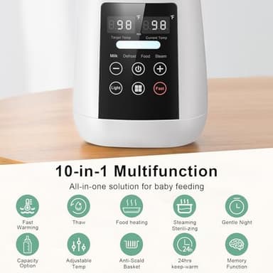 Bottle Warmer, 10-in-1 Fast Heating Bottle Warmer with Accurate Temp Control, Defrost, Sterilize, Keep Warm & Food Heating, for All Bottles, Breastmilk & Formula, with Night Light & LED Display - Image 5