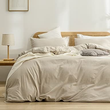 BESTOUCH Duvet Cover Set 100% Washed Cotton Linen Feel Super Soft Comfortable Chic Lightweight 3 PCs Home Bedding Set Solid Almond Milk Grey Queen - Image 1