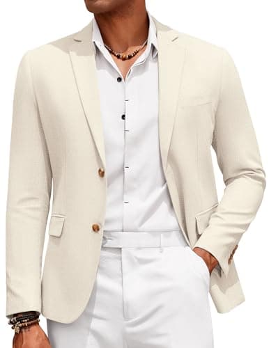 COOFANDY Men Casual Linen Blazer Classic Fit Sport Coat Linen Jacket Summer Beach Wedding Party Beige - Image 1
