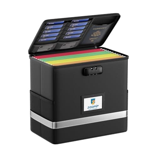 ZOOPIP Fireproof File Box with Lock, Document Box Storage Organizer, Suitable for Hanging File Folders in Letter Size, Collapsible File Box, Reflective Strip for Fast Find (12.2"*6"*10.2, Black) - Image 1