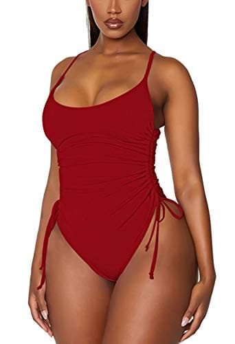 Viottiset Women's Ruched Drawstring One Piece Swimsuit High Cut Bathing Suit Red Large - Image 1