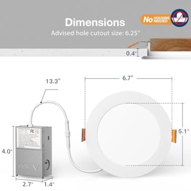 Amico 24 Pack 6 Inch 5CCT Ultra-Thin LED Recessed Ceiling Light with Junction Box, 1050LM Brightness, Dimmable Canless Wafer Downlight, 12W, ETL&FCC - Image 6