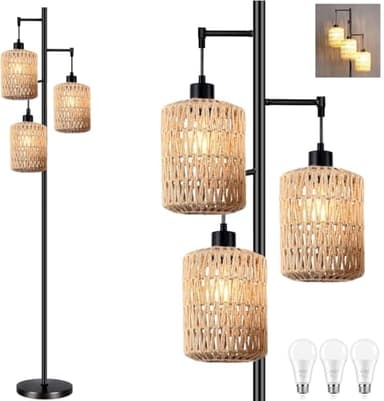 QIYIZM Floor Lamp for Living Room,Bedroom,3-Lights Boho Rattan Tree Floor Lights,Industrial Black Farmhouse Standing Lamp Wicker Rustic Tall Lamp,Woven Bamboo LampShade Floor Lamps Bohemian - Image 1