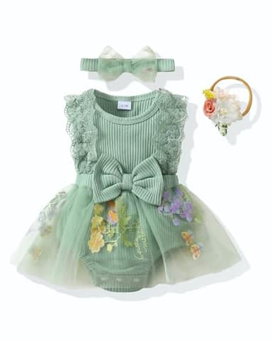 Renotemy Preemie Baby Girl Sage Green Romper Flower Tulle Dress Boho Summer Sleeveless Premature Baby Clothes Girl Baptism Wedding Party Christening Dresses Baby Shower Gifts Photography Outfit - Image 1