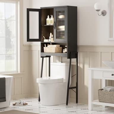 Over The Toilet Storage Cabinet with Tempered Glass Doors & Adjustable Shelf, Bathroom Organizer with Metal Stand Space Saver Over Toilet , Tall Freestanding Shelf/Rack for Bathroom, Black - Image 3