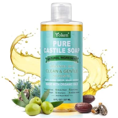 Yoken Pure Castile Liquid Soap Organic (EWG Verified, Unscented, 8 OZ), Made with Organic Oils, No Added Fragrance, Vegan, Castile Soap Liquid for Face, Laundry, Dishes, Sensitive Skin, Travel Soap - Image 8
