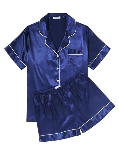 Ekouaer Pajamas for Women Sets Silky Soft Sleepwear Satin Short Sleeve Pjs Comfortable Button Up Loungewear 2 Piece Set,Navy,L - Image 1