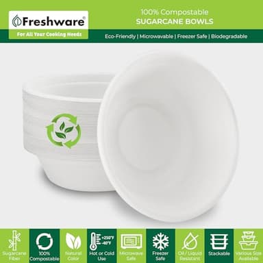 Freshware Paper Bowls - Disposable 32 oz Soup Bowl, 50-Pack Biodegradable Sugarcane Fiber Serving Bowls - Heavy Duty Bagasse for Hot Food Plates - Microwave & Freezer Safe, Stackable Dinnerware - Image 2