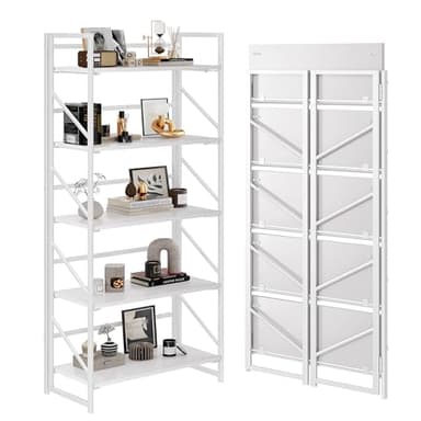 JSB No Assembly Folding Bookshelf, 5 Tier Industrial Metal Book Shelf for Storage, Vintage Wood Foldable Bookcase for Living Room, Bedroom, Office Organization Shelves - Image 1
