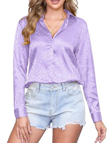CUNLIN Womens Lavender Button Down Shirt Satin Long Sleeve up Dress Shirts Leopard Print Tops Cheetah Silk Blouses Lavender XS - Image 1
