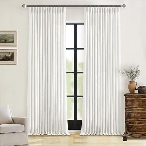 Beige White Linen Curtains 108 Inches Long 2 Panels Set for Living Room Neutral Boho Thick Linen Textured Pinch Pleated Memory Shape Light Filtering Ceiling Semi Sheer Window Curtain Hook Rings Ivory - Image 1