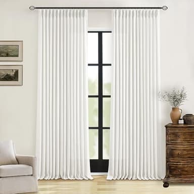 Beige White Linen Curtains 108 Inches Long 2 Panels Set for Living Room Neutral Boho Thick Linen Textured Pinch Pleated Memory Shape Light Filtering Ceiling Semi Sheer Window Curtain Hook Rings Ivory - Image 1