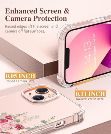 GVIEWIN Designed for iPhone 13 Case 6.1 Inch, with Tempered Glass Screen Protector + Camera Lens Protector Clear Flower Soft & Flexible Slim Shockproof Floral Women Phone Cover (Alcea/Red) - Image 5