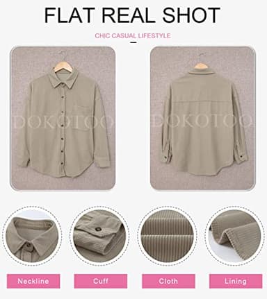 Dokotoo Womens V Neck Roll Up Long Sleeve Pocket Corduroy Shirts Casual Boyfriend Button Down Petite Blouses M Light Brown - Image 4